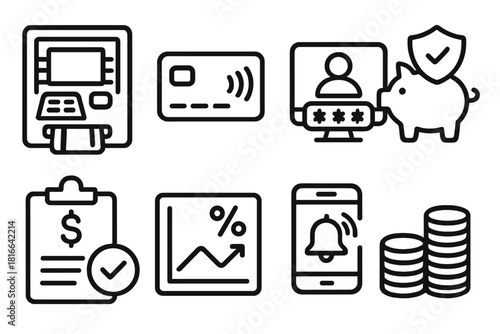 Modern Banking Icons. Modern Banking Solutions linear icon set. ATM machine, contactless card, secure login, savings icon, budget tracker, interest chart, mobile alert, coin stack
