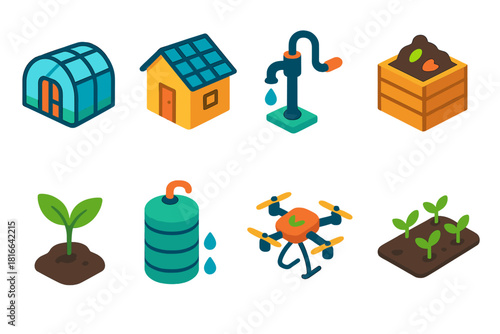 Isometric Agriculture Icons. Sustainable Agriculture flat icon set: greenhouse, solar roof, water pump, compost bin, seedling, rain tank, drone, plant rows