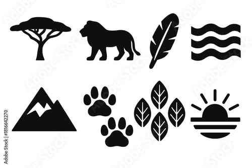 Brutalist Nature Icons. Nature Connection silhouette icon set. savanna tree, lion silhouette, bird feather, river wave, mountain, footprints, leaf pattern, sunrise
