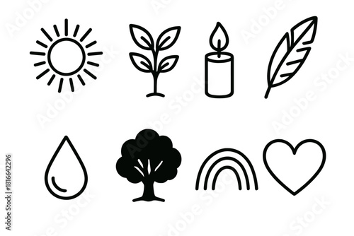 Symbols of Renewal. Hope and Renewal linear icon set. sunburst, new growth, candle glow, feather, dew drop, tree silhouette, rainbow arc, heart outline