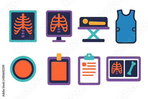 Modern X-ray Icons. X-ray objects flat icon set: x-ray sheet, imaging screen, radiology table, protective apron, scan button, film holder, clipboard notes, lightbox panel