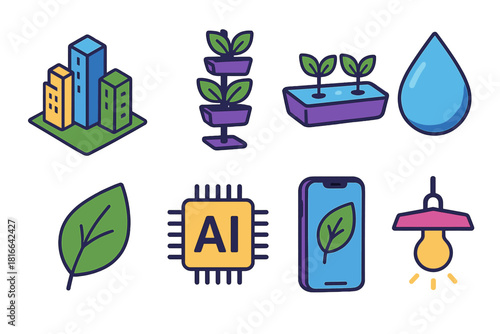 Urban Farming Icons. Urban Farming Innovation flat icons set. city skyline, vertical planter, hydro tray, water drop, leaf, AI chip, smartphone app, light fixture