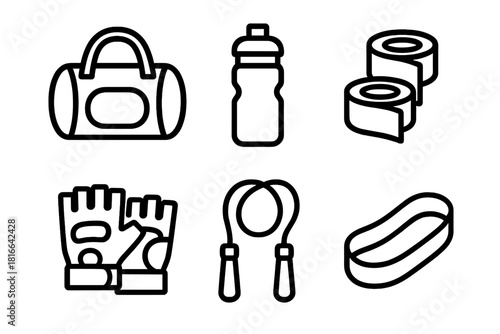 Essential Fitness Icons. Fitness Gear Set linear icon set: gym bag, water bottle, wrist wraps, training gloves, jump rope, resistance band