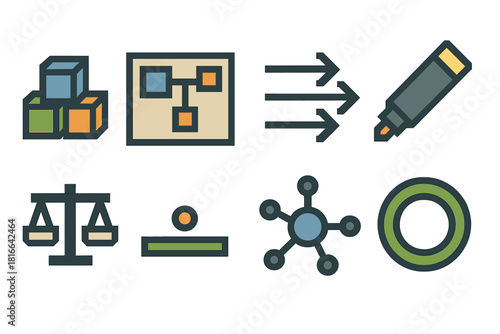 Organizational Icons Set. Organizational Balance Decisions Set pixel style icon set: resource blocks, planning board, alignment arrows, policy marker, role balance bar, milestone