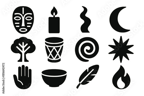 Bold Spiritual Icons. Spiritual Heritage silhouette icon set: mask, candle, smoke, moon, tree, drum, spiral, star, hand, bowl, feather, flame