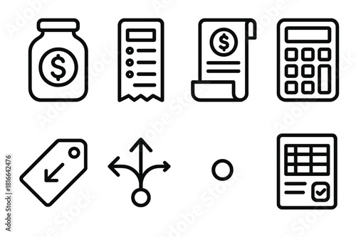 Personal Finance Icons. Personal Finance Decision Elements linear icon set: savings jar, spending tracker, bill outline, calculator, priority tag, split arrow, steady dot, planning