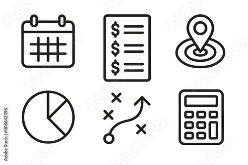 Financial Planning Icons. Financial Wellbeing Planning linear icon set: calendar grid, expense list, goal marker, pie chart, strategy arrow, calculator shape