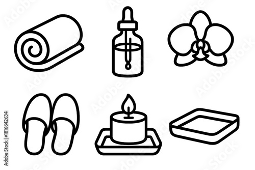 Luxury Spa Icons. Luxury Spa Set linear icon set: plush towel roll, golden oil bottle, orchid flower, silk slippers, serene candle, spa tray