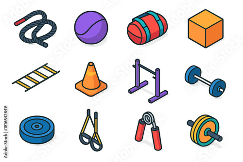 Functional Fitness Icons. Functional Training Gear flat icon set: battle rope, medicine ball, sandbag, plyo box, agility ladder, speed cone, squat rack, barbell, bumper plate, TRX