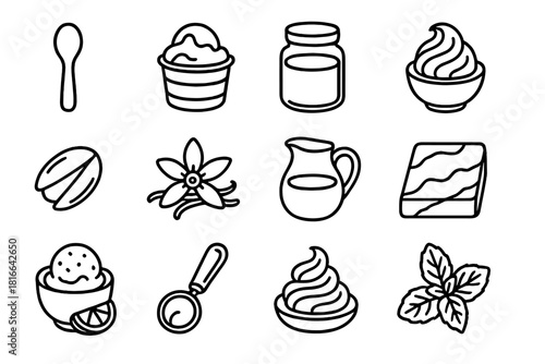 Gelato Icon Set. Artisanal gelato linear icon set: wooden spoon, pastel cup, glass jar, pistachio, vanilla flower, milk jug, marble counter, frozen bowl, scoop tool, fruit garnish