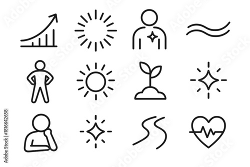 Positive Symbols Collection. Positive Outlook Collection linear icon set: rising curve, encouraging burst, inner light, serenity wave, empowered stance icon, warm sunbeam, growth