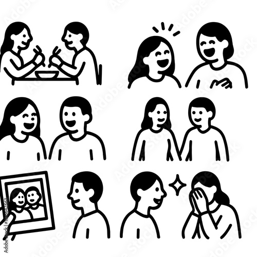 Emotional Bonding Icons. Emotional bonding moments linear icon set: shared meal, cozy chat, laughter burst, comfort blanket, photo frame, shared walk, joyful spark, supportive