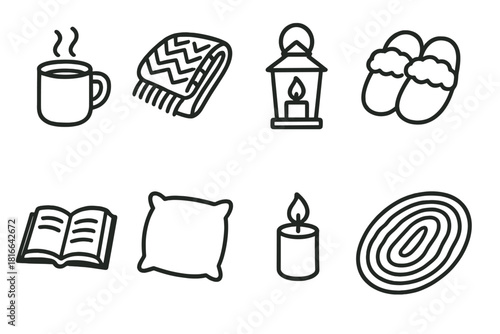 Cozy Comfort Icons. Relaxed warmth linear icon set : hot drink, knitted throw, glowing lantern, fuzzy slippers, reading book, cushion, candle, warm rug