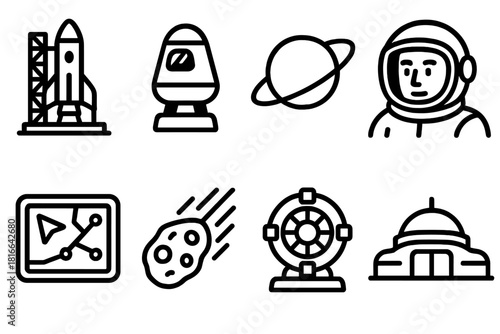 Space Icon Design. Future Space Travel linear icon set: launch pad, passenger pod, planet ring, astronaut face, navigation screen, meteor, energy core, spaceport