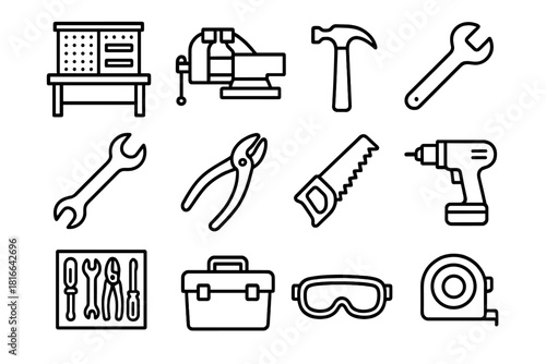 Workshop Tools Icons. Workshop Set linear icon set. workbench, vise, hammer, screwdriver, wrench, pliers, saw, drill, tool rack, toolbox, safety goggles, tape measure. , .