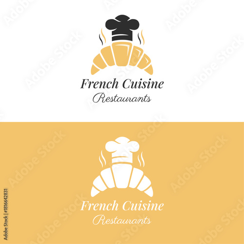 Gourmet Pastry Chef Hat Croissant Logo Design. French Cuisine Restaurant and Bakery Emblem Brand Identity Vector Template.