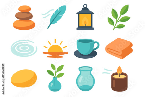 Peaceful Serenity Icons. Calm Equilibrium flat icon set : balanced rocks, water ripple, feather drift, glowing lantern, leaf sprig, ceramic cup, soft towel, sunrise, glass vase