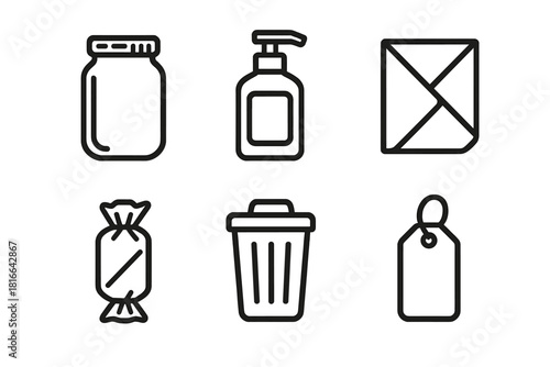 Minimal Waste Icons. Minimal Waste linear icon set. glass jar, refill bottle, cloth napkin, paper wrap, bin, label tag