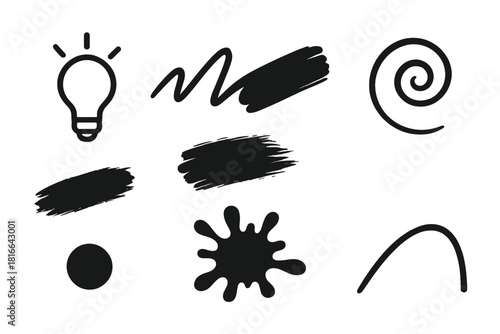 Creative Graphic Icons. Creative Graphic Elements linear icon set: idea spark, sketch line, color stroke, concept swirl, artistic mark, design splash, creative dot, layout curve