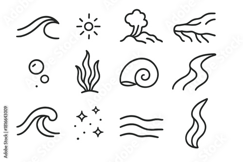 Abyssal Icons Art. Abyssal Scene Set linear icon set: deep current arc, bioluminescent dot, drifting plume, rocky ledge, slow bubble, kelp strand, smooth shell, marine curve, dark