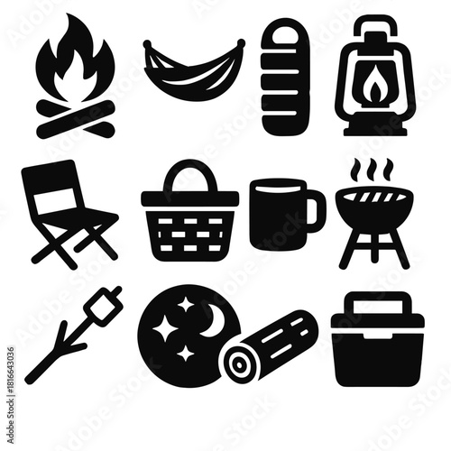 Brutalist Camping Icons. Camping and leisure silhouette icon set. campfire, hammock, sleeping bag, lantern, folding chair, picnic basket, mug, grill, marshmallow stick, starry sky
