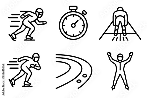 Speed Skating Icons. Speed Skating linear icon set. aerodynamic suit, stopwatch, starting line, ice lane, fast motion, victory pose.