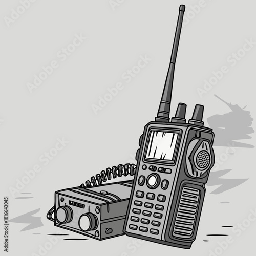 Two portable radios and a base station on a grey surface walkie talkie communication