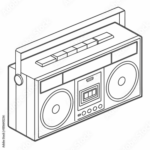 Black and White Line Art of a Vintage Boombox radio cassette player