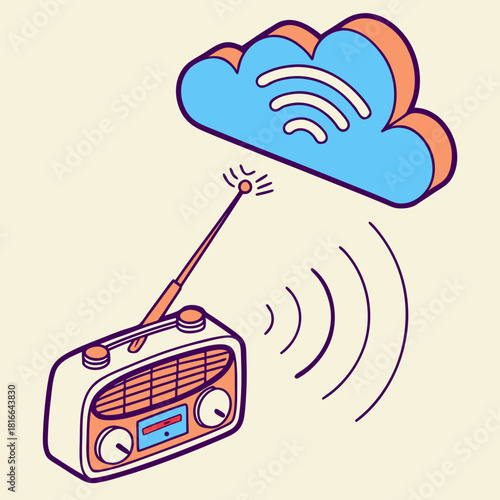 Retro Radio Transmitting Signal to a Cloud with Wi- Fi Symbol vintage wifi