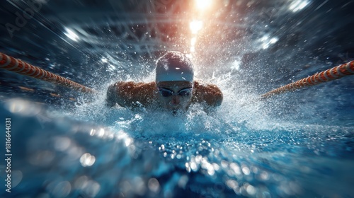 Professional swimmer training in high-intensity laps within an indoor pool, showcasing determination and athletic precision during a competitive workout session.