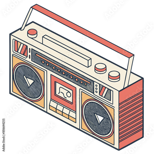 Vintage Boombox Cassette Player Isometric Illustration retro 1980s