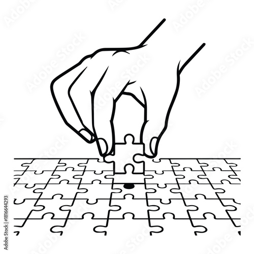 Hand putting piece of puzzle isolated on white background, vector illustration