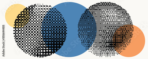Retro dither circle composition for video. Vintage bitmap texture. Bit gradient circles for graphic layouts . Pixel gradients effect. 