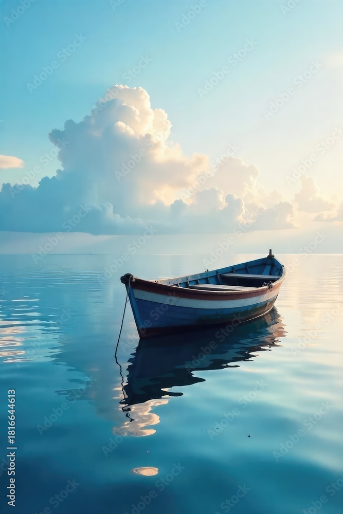 Naklejka premium A small fishing boat gently rests on the tranquil water, its hull reflecting the serene sky The scene evokes peace and quietude, perfect for relaxation themes , peaceful, waterfront, day
