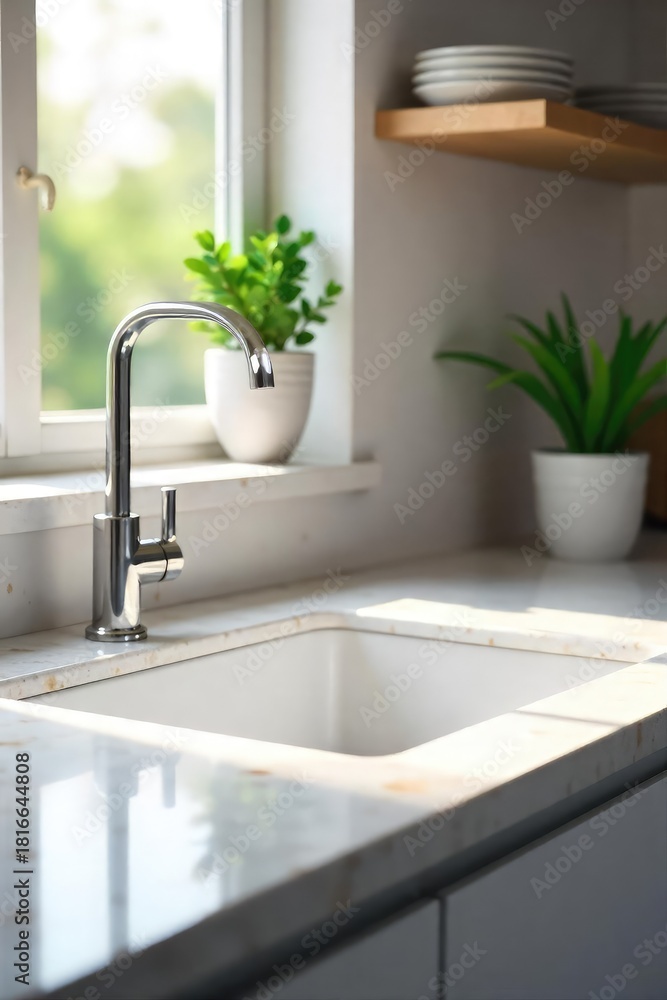 Fototapeta premium A sparkling clean kitchen sink, gleaming chrome faucet, and spotless countertop, ready for the next use Sunlight streams in, highlighting the pristine surfaces , household cleaning, clean, modern