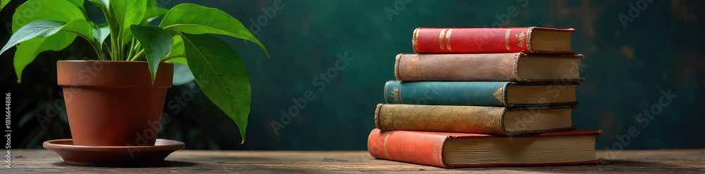 Obraz premium A stack of books cleverly concealed behind a potted plant, creating a secret reading nook The scene evokes mystery and a love of literature , reading nook, literature, decor