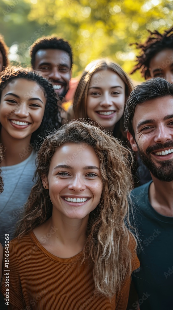 Obraz premium Group Portrait of Diverse Friends Laughing and Enjoying Quality Time Together in a Park Setting