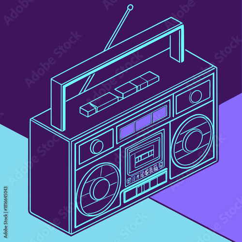 Neon Blue Boombox on Purple and Blue Background Keywords: boombox, ghetto blaster, portable