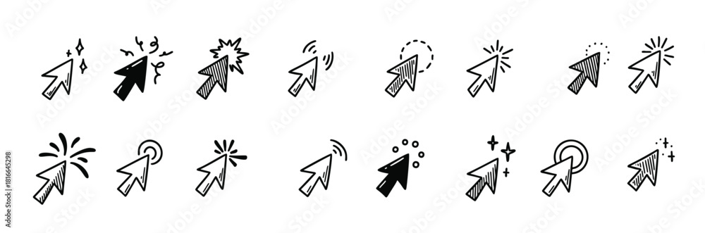 Fototapeta premium Doodle arrow click icon set. Hand drawn mouse cursor. Press here tap button. Arrow pointer. Sketch vector illustration with manga design elements