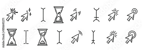 Doodle click icon set. Hand drawn mouse typing cursor. Press here tap button. Arrow and finger pointer. Sketch vector illustration. Hourglass clock time countdown symbol