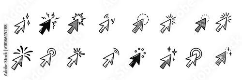 Doodle arrow click icon set. Hand drawn mouse cursor. Press here tap button. Arrow pointer. Sketch vector illustration with manga design elements