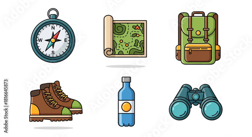 Gear up for adventure with this must-have hiking essentials bundle: compass, map, backpack, boots, water bottle, binoculars for outdoor escapades!