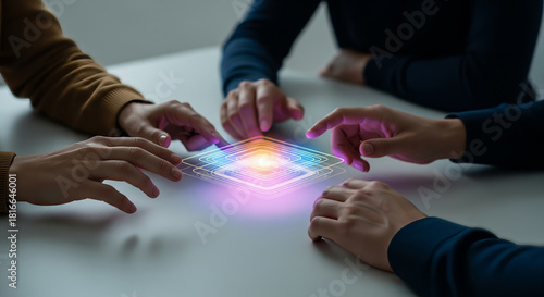 Diverse hands designing shared hologram concept