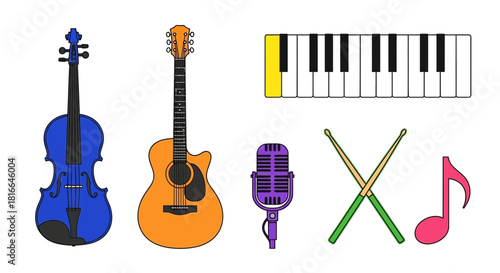 Colorful music instruments collection features a guitar, violin, piano keys, drumsticks, pink music note, and purple microphone, perfect for creative projects