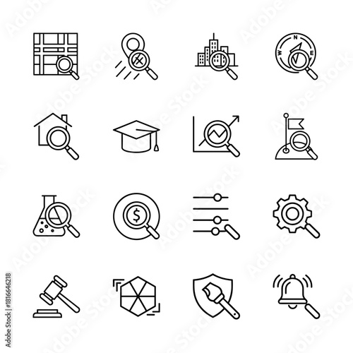 Search and analysis line icon set. Vector pictograms of map, city, compass, house, academic cap, chart, flask, dollar, gavel, shield, and bell, thin linear illustration.