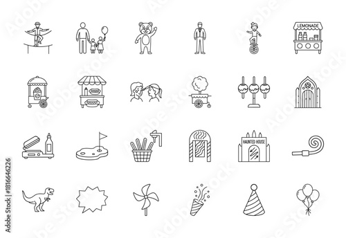 Amusement park line icon set. Vector pictograms of tightrope walker, family, popcorn cart, hot dog stand, unicyclist, haunted house, party hat, and balloons, thin linear illustration.