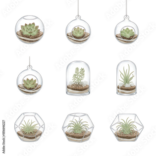 Collection of various geometric and spherical glass terrariums containing plants and soil, symbolizing nature and home decor