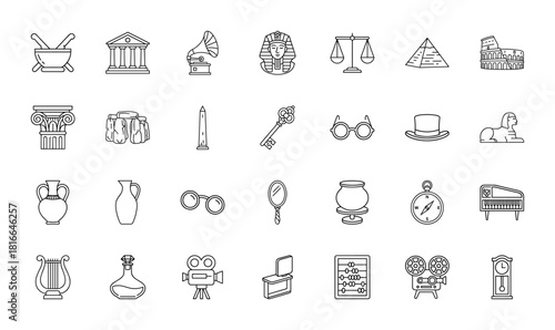 Cultural heritage and antique items line icon set. Vector pictograms of pharaoh, pyramid, Colosseum, Stonehenge, gramophone, compass, camera, abacus, thin linear illustration.