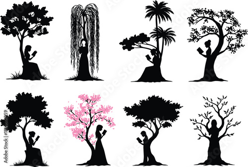 Elegant silhouette readers sitting and standing near diverse trees, peaceful nature reading moments, artistic landscape scene for creative design projects, cad drawing flat vector illustration
