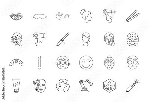 Beauty and personal care line icon set. Vector pictograms of eye, sleep mask, hair dryer, straightener, curling iron, facial mask, cream tube, and natural elements, thin linear illustration.